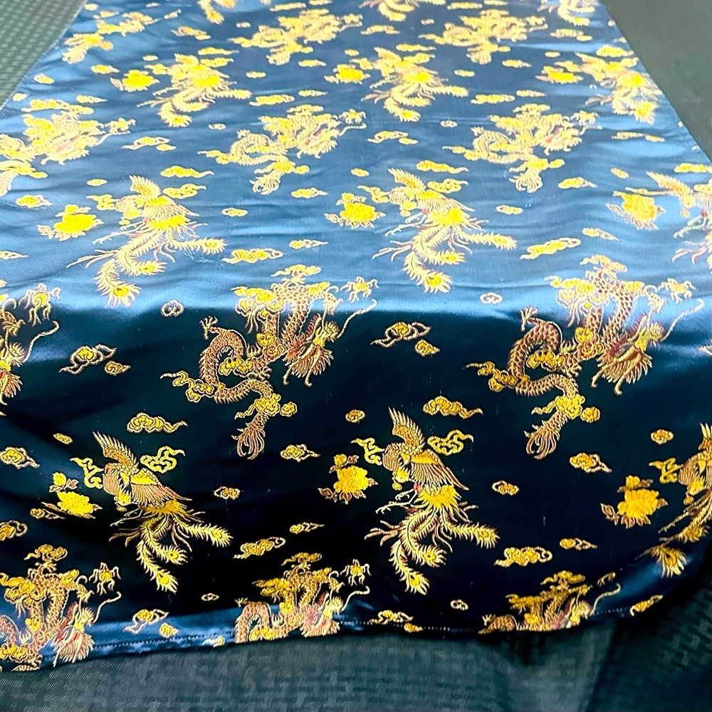 Asian‎ Silk Brocade Dragon Phoenix Table Runner 10.5 Ft Blue Gold Extra Long EUC